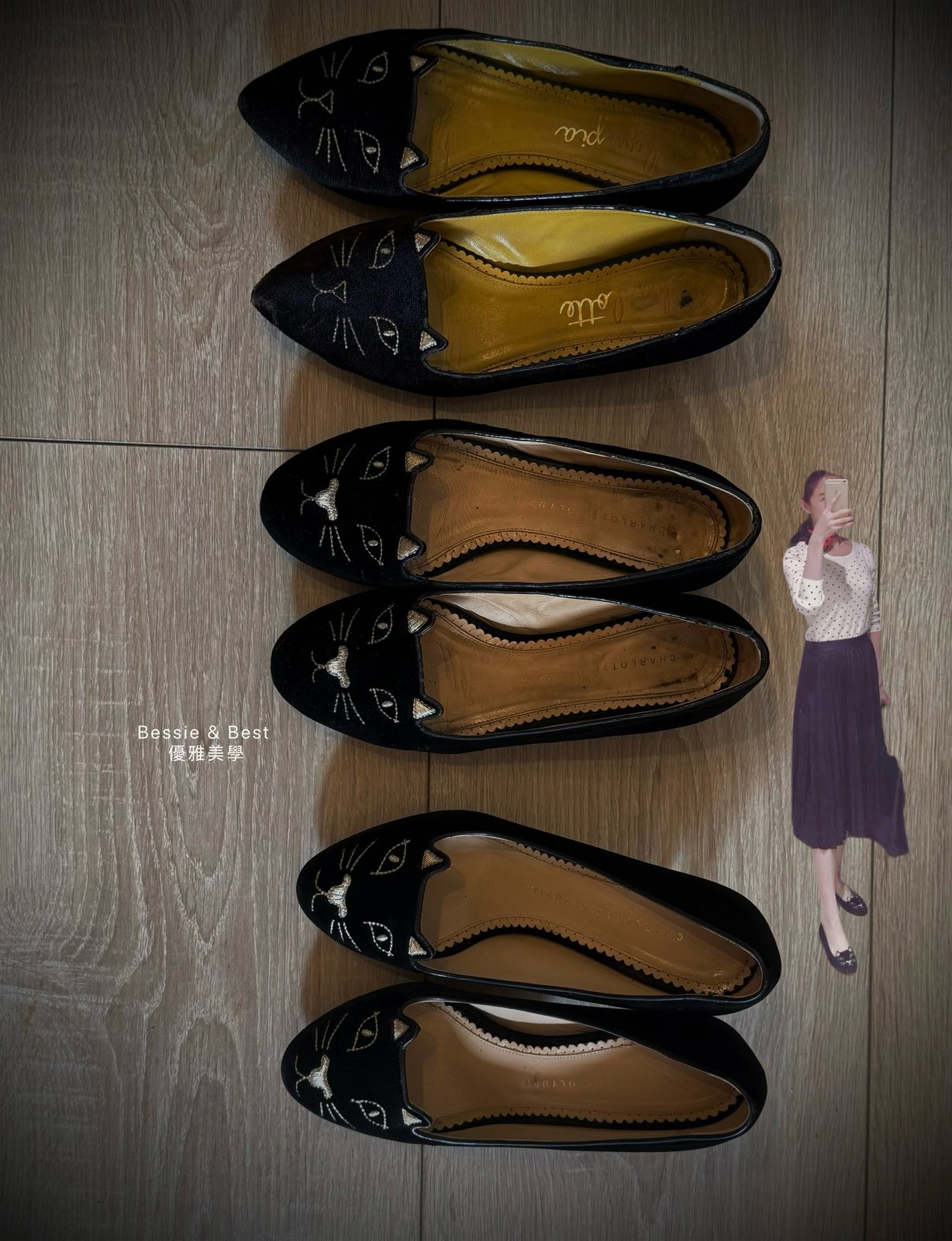 Charlotte Olympia 經典貓咪平底鞋 (Kitty Flats) 圓臉與尖臉貓咪刺繡絨面收藏全貌